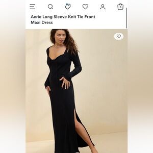 aerie Black Long Sleeve Knit Tie-Front Maxi Dress